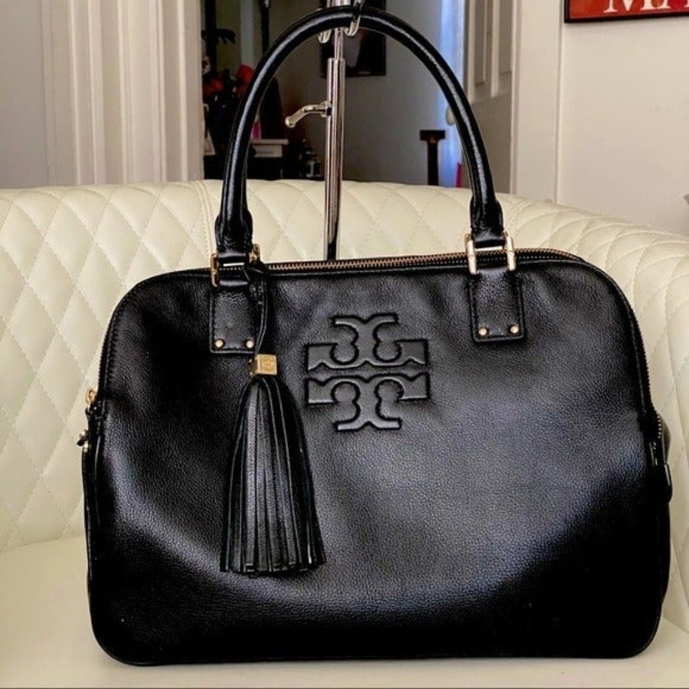 Tory Burch Thea Triple Zip Black Satchel Bag Purse Handbag